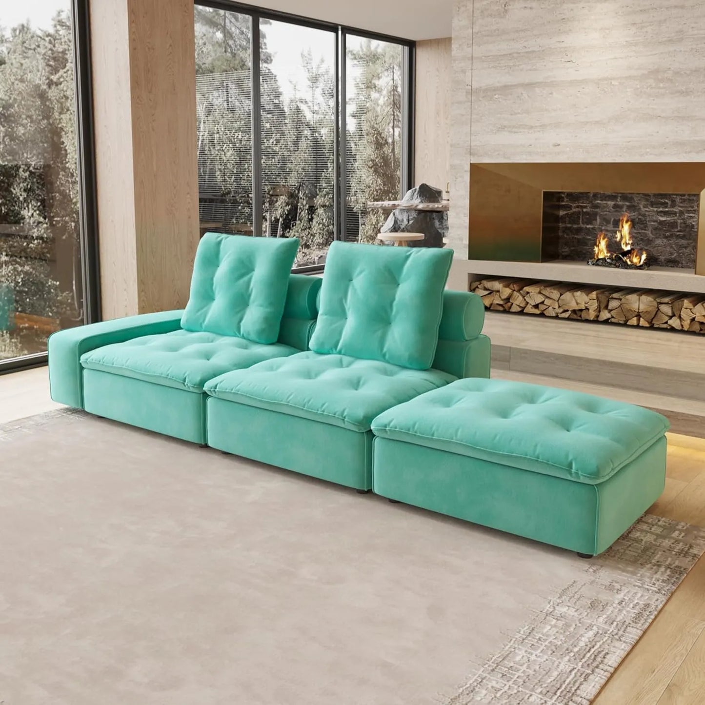 Deluxe Adjustable Cloud Sectional Sofas | Tiffany Blue Frosted Velvet Loveseats 2-seaters with 1 Ottoman