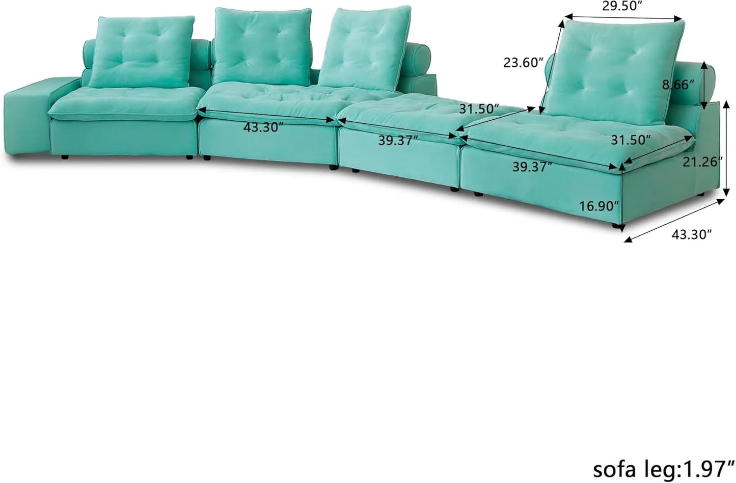 Deluxe Adjustable Cloud Sectional Sofas | Tiffany Blue Frosted Velvet L shaped Sectionals 4-seaters with 1 Ottoman