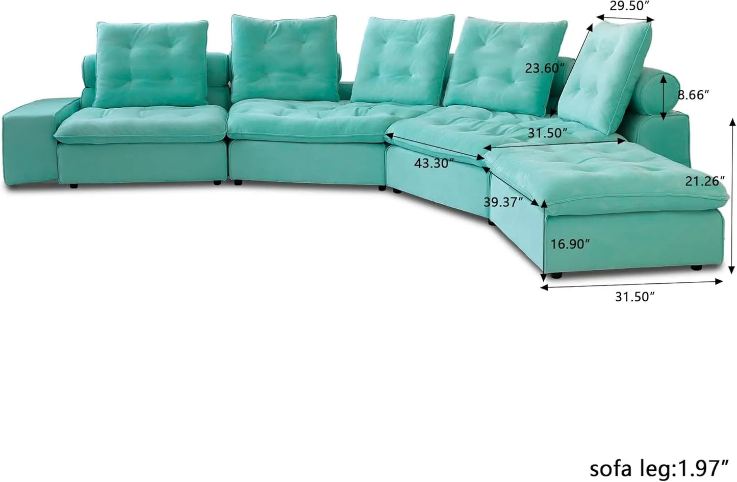 Deluxe Adjustable Cloud Sectional Sofas | Tiffany Blue Frosted Velvet U shaped Sectionals 5-seaters with 1 Ottoman