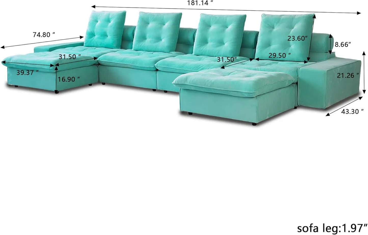Deluxe Adjustable Cloud Sectional Sofas | Tiffany Blue Frosted Velvet U shaped Sectionals 4-seaters