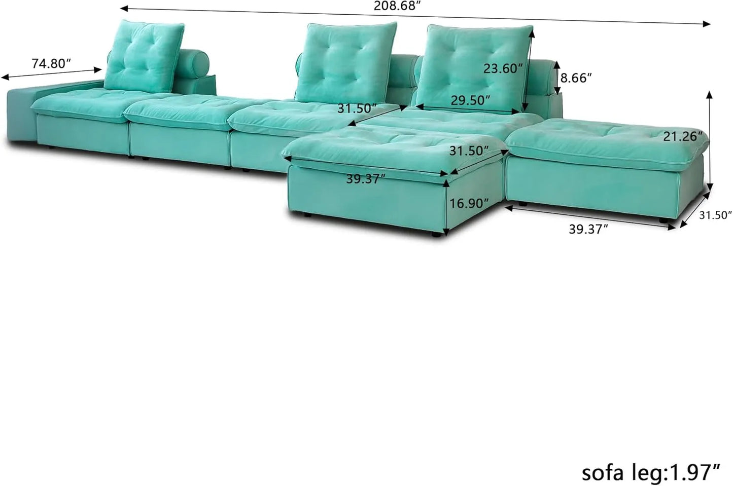 Deluxe Adjustable Cloud Sectional Sofas | Tiffany Blue Frosted Velvet Couch Sectionals 3-seaters