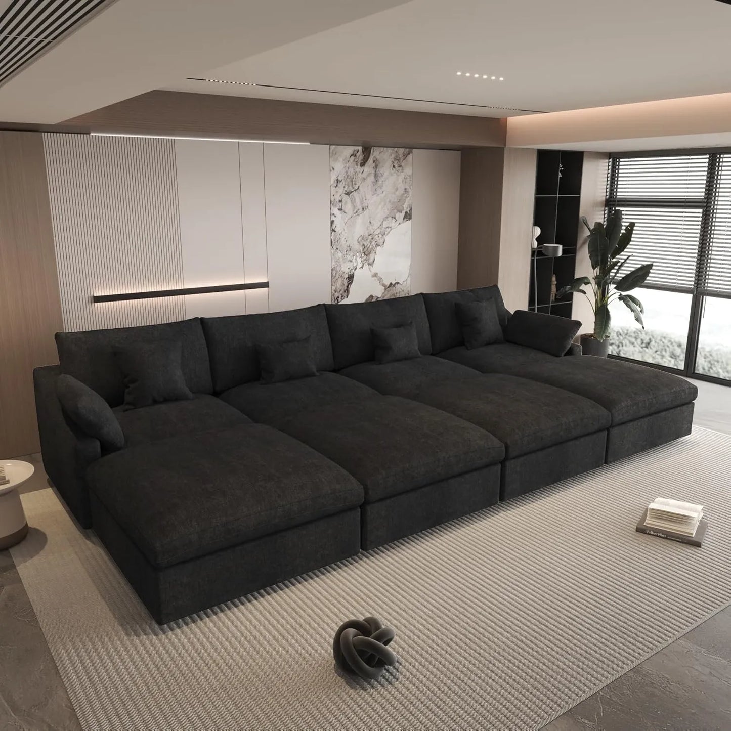 Sofás seccionales Deluxe Slope Cloud | Seccionales Pit de lino negro de 8 piezas, 4 plazas, 160" con respaldo ajustable y cojines