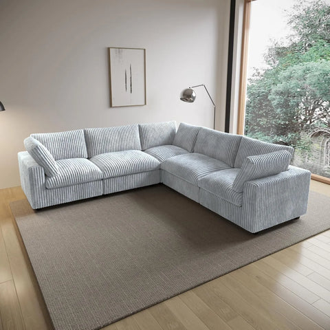 Deluxe Cloud 5-Seater Light-Grey Washable V-Shaped Sectional | 5-Piece, Plush Fabric, Modular Design