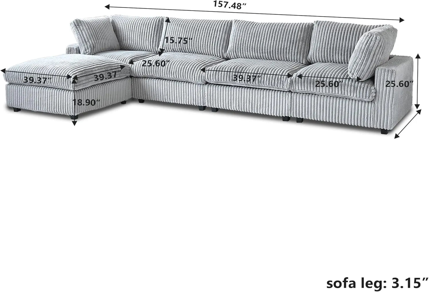 Deluxe Classic Cloud Sectional Sofas | Light Grey Plush Fabric L shaped Sectionals 4-seaters with 1 Ottoman
