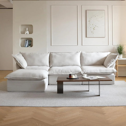 Deluxe Linen Cloud Sectional Sofas | 4-Piece Beige Cotton and Linen L Shaped Sectionals 3-seaters