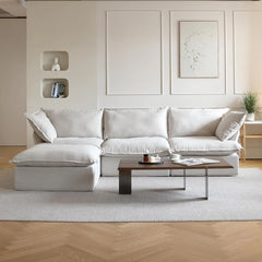 Deluxe Linen Cloud Sectional Sofas | 4-Piece Beige Cotton and Linen L Shaped Sectionals 3-seaters