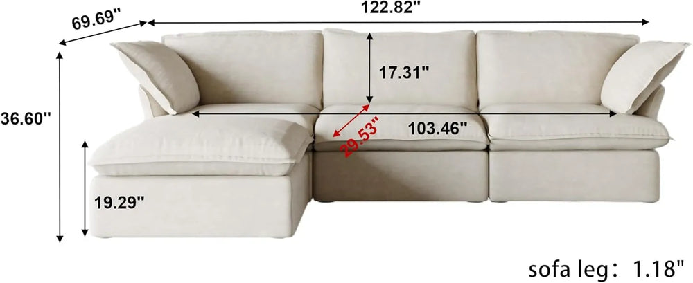 Deluxe Linen Cloud Sectional Sofas | 4-Piece Beige Cotton and Linen L Shaped Sectionals 3-seaters
