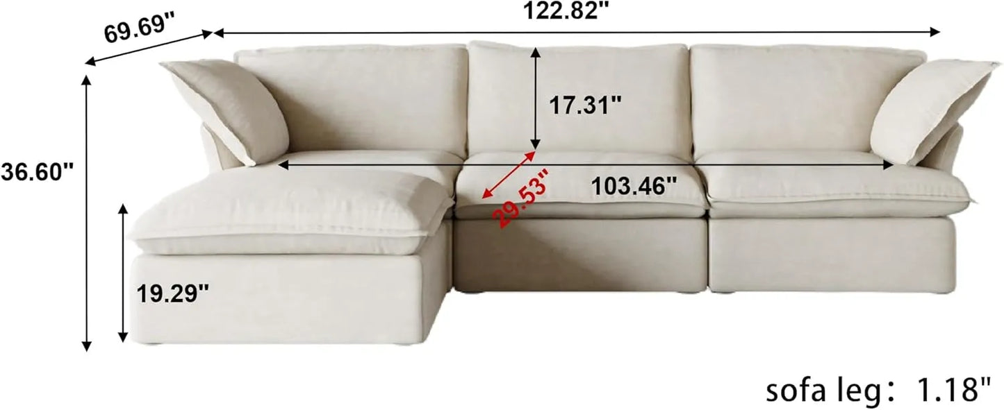 Deluxe Linen Cloud Sectional Sofas | 4-Piece Beige Cotton and Linen L Shaped Sectionals 3-seaters