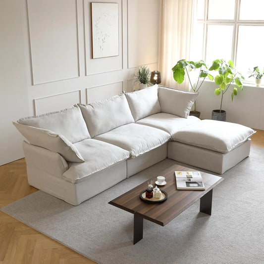 Deluxe Linen Cloud Sectional Sofas | 4-Piece Beige Cotton and Linen L Shaped Sectionals 3-seaters