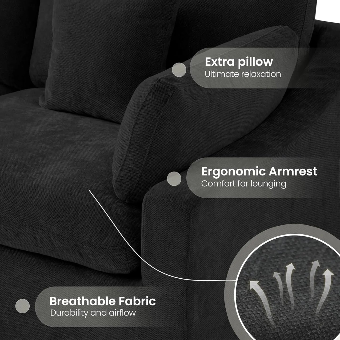 Deluxe Slope Cloud Sectional Sofas | Linen Black Sofa Sets 160" Adjustable Backrest Pillows 6-seaters
