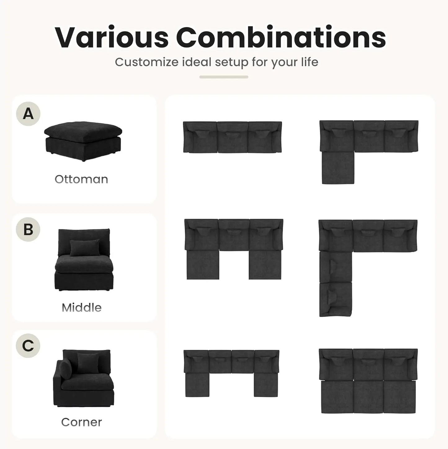 Deluxe Slope Cloud Sectional Sofas | Linen Black Sofa Sets 160" Adjustable Backrest Pillows 6-seaters