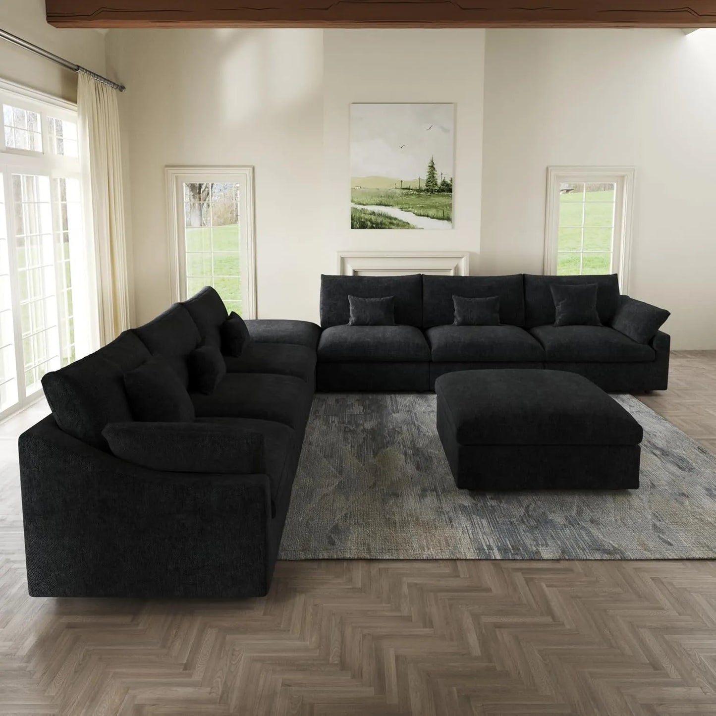 Deluxe Slope Cloud Sectional Sofas | Linen Black Sofa Sets 160" Adjustable Backrest Pillows 6-seaters