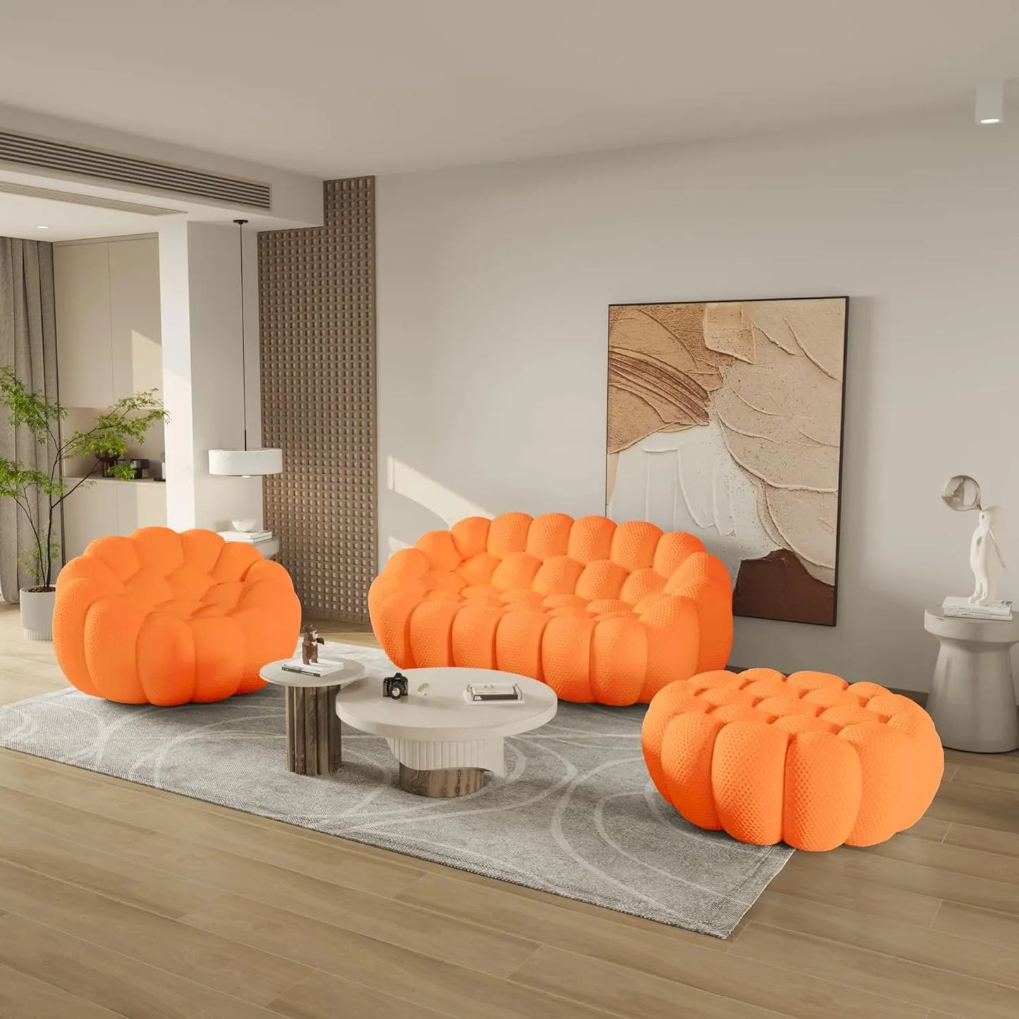 Essential Floor Sofas | 3-Piece Orange 3D Knitted Fabric Sofa Sets 3-seaters