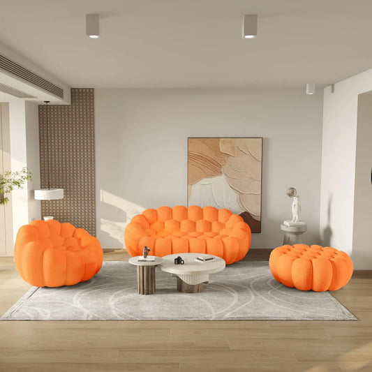 Essential Floor Sofas | 3-Piece Orange 3D Knitted Fabric Sofa Sets 3-seater