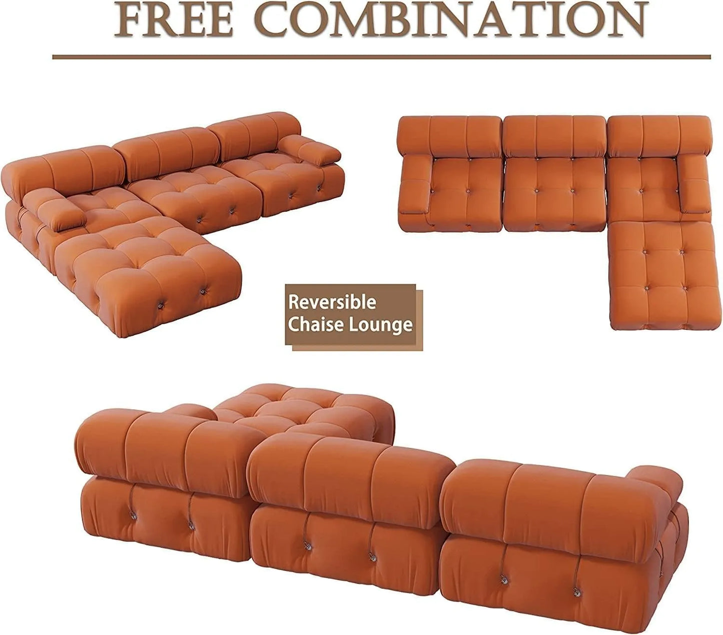 Matrix Minimalist Modular Sofas | Orange Velvet Couch Sectionals 4-seaters with 1 Ottoman