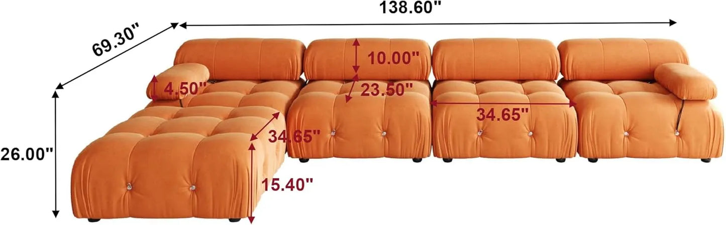 Matrix Minimalist Modular Sofas | Orange Velvet Couch Sectionals 4-seaters with 1 Ottoman
