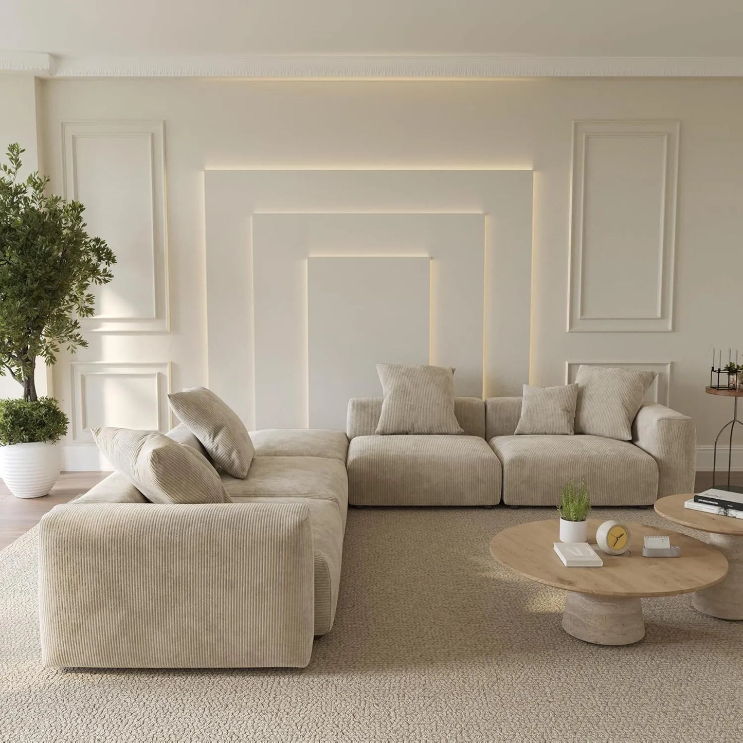 Matrix Modern Modular Sofas | Beige Corduroy L shaped Sectionals 4-seaters with 1 Ottoman