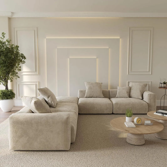 Sofás modulares modernos Matrix | Seccionales de 5 piezas en forma de V de pana beige para 4 plazas