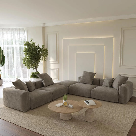 Sofás modulares modernos Matrix | Seccionales de 5 piezas en forma de V de pana marrón para 4 plazas