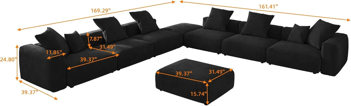 Matrix Modern Modular Sofas | 8-Piece Black Corduroy Sofa Sets 6-Seater