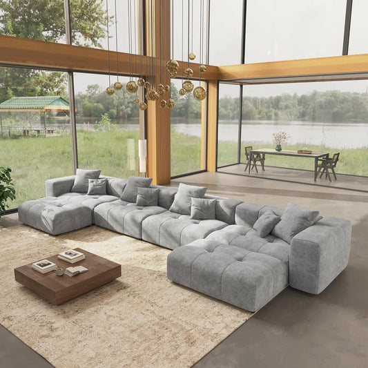 Matrix Classic Modular Sofas | 6-Piece Light Grey Cotton and Linen U-Shaped Sectionals 4-seater