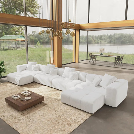 Matrix Classic Modular Sofas | 6-Piece White Cotton and Linen U-Shaped Sectionals 4-seater