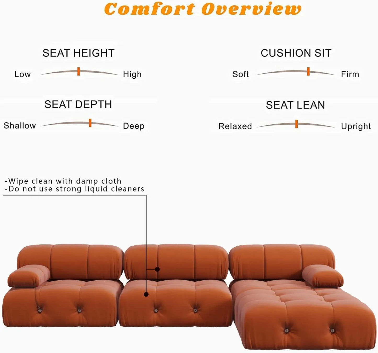 Matrix Minimalist Modular Sofas | Orange Velvet Couch Sectionals 3-seaters with 1 Ottoman