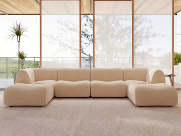 Teddy Fleece 4-Seater Sand Large Space U-Shaped Sectional | 6-Piece (Includes 2 Ottomans), Modular Design, Fixed Upholstery, Low Pillow Arm