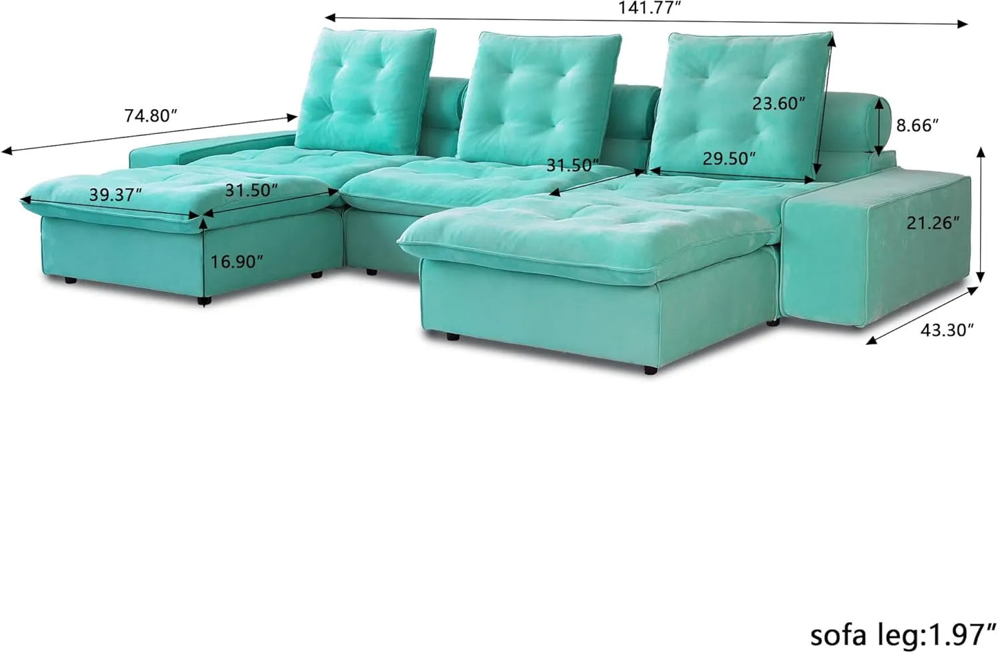 Deluxe Adjustable Cloud Sectional Sofas | Tiffany Blue Frosted Velvet Couch Sectionals 3-seaters