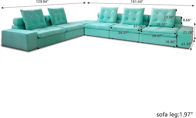 Deluxe Adjustable Cloud Sectional Sofas | Tiffany Blue Frosted Velvet Couch Sectionals 5-seaters with 1 Ottoman
