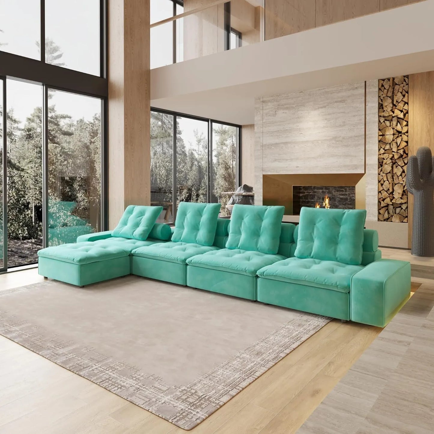 Deluxe Adjustable Cloud Sectional Sofas | Tiffany Blue Frosted Velvet L shaped Sectionals 4-seaters with 1 Ottoman