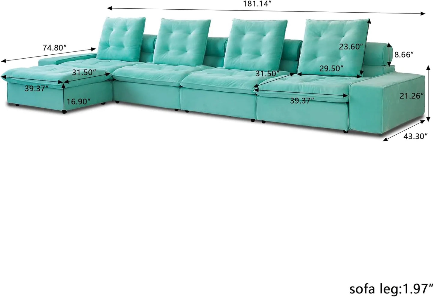 Deluxe Adjustable Cloud Sectional Sofas | Tiffany Blue Frosted Velvet L shaped Sectionals 4-seaters with 1 Ottoman