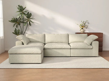 Deluxe Cloud 3-Seater Khaki Storage L-Shaped Sectional | 4-Piece (includes 1 Ottoman), Cotton and Linen Fabric, Washable Covers
