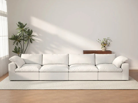 Sofá seccional Deluxe Cloud de 4 plazas, blanco, lavable | 4 piezas, tela de algodón y lino, diseño modular