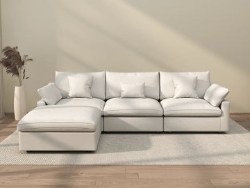 Deluxe Cloud 3-Seater White Washable L-Shaped Sectional | 4-Piece (includes 1 Ottoman), Chenille and Linen Fabric, Modular Design