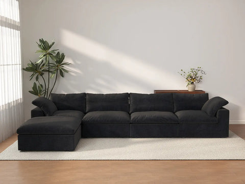 Deluxe Cloud 4-Seater Black Storage L-Shaped Sectional | 5-Piece (includes 1 Ottoman), Cotton and Linen Fabric, Washable Covers