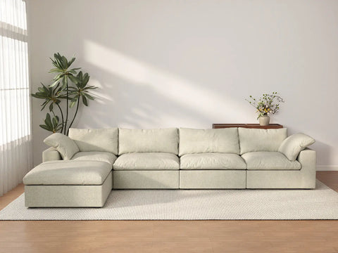 Deluxe Cloud 4-Seater Khaki Storage L-Shaped Sectional | 5-Piece (includes 1 Ottoman), Cotton and Linen Fabric, Washable Covers