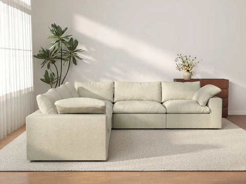 Sofá modular Deluxe Cloud de 5 plazas, color caqui, lavable, en forma de V | 5 piezas, tela de algodón y lino, diseño modular