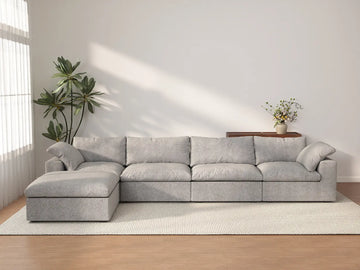 Sofá seccional en forma de L Deluxe Cloud de 4 plazas, color gris claro con almacenamiento | 5 piezas (incluye 1 otomana), tejido de algodón y lino, fundas lavables