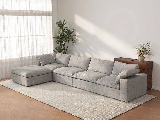 Deluxe Premium Cloud Sectional Sofas | 5-Piece Cotton and Linen Light Grey L-Shaped Sectionals 160" Removable & Washable Covers 4-seater