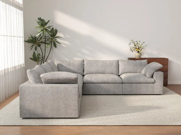 Sofá modular Deluxe Cloud de 5 plazas, color gris claro, lavable, en forma de V | 5 piezas, tela de algodón y lino, diseño modular