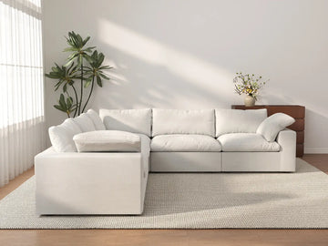 Deluxe Cloud 5-Seater White Washable V-Shaped Sectional | 5-Piece, Cotton and Linen Fabric, Modular Design