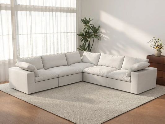 WJS Home 5 Piece Cotton and Linen White V shaped Sectionals 160 Storage Ottoman 5 Seater_3