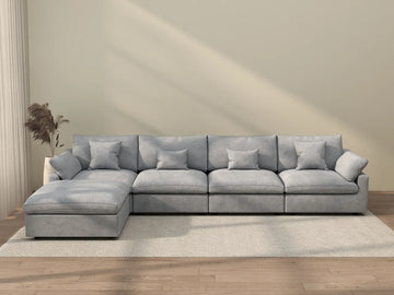 Sofá modular modular Deluxe Cloud de 4 plazas, color gris claro, lavable, en forma de L | 5 piezas (incluye 1 otomana), tejido de chenilla y lino, diseño modular