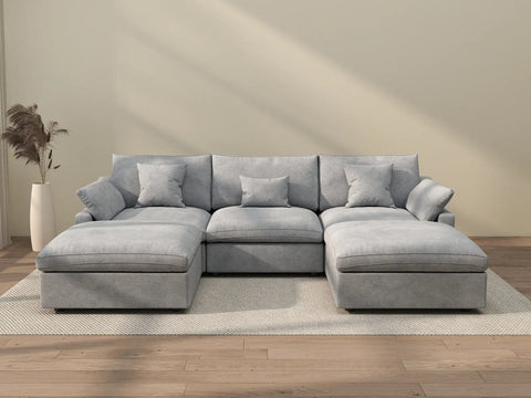 Sofá modular modular Deluxe Cloud de 3 plazas, color gris claro, lavable, en forma de U | 5 piezas (incluye 2 otomanas), tejido de chenilla y lino, diseño modular