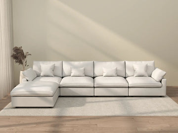 Sofá modular modular Deluxe Cloud de 4 plazas, blanco, lavable, en forma de L | 5 piezas (incluye 1 otomana), tela de chenilla y lino, diseño modular