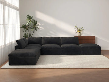Deluxe Cloud 4-Seater Black Storage L-Shaped Sectional | 6-Piece (includes 2 Ottomans), Cotton and Linen Fabric, Washable Covers