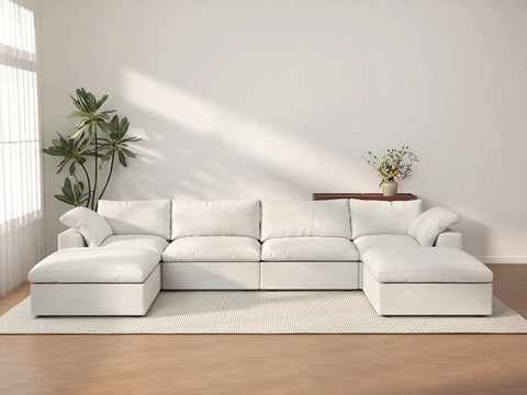 Deluxe Cloud 4-Seater White Storage U-Shaped Sectional | 6-Piece (includes 2 Ottomans), Cotton and Linen Fabric, Washable Covers