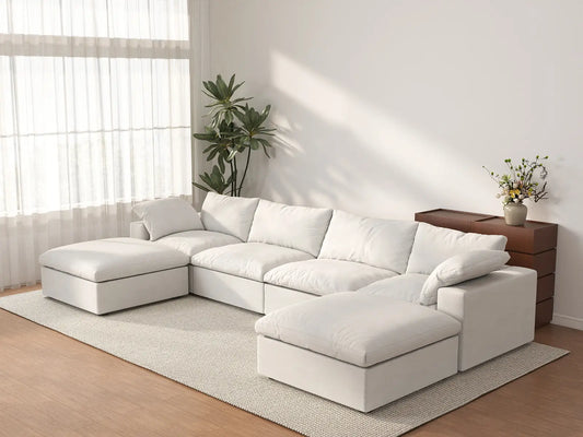 Deluxe Premium Cloud Sectional Sofas | 6-Piece Cotton and Linen White U-shaped Sectionals 160" Storage Ottoman 4-seater
