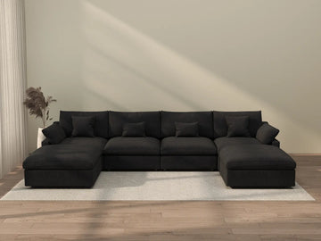 Sofá modular modular Deluxe Cloud de 4 plazas, color negro, lavable, en forma de U | Juego de 6 piezas (incluye 2 otomanas), tejido de chenilla y lino, diseño modular.